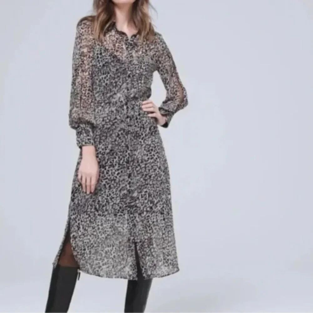 Like New! WHBM Animal Print Button Down Shirt Dress Built in Slip Blk/Wh in 6